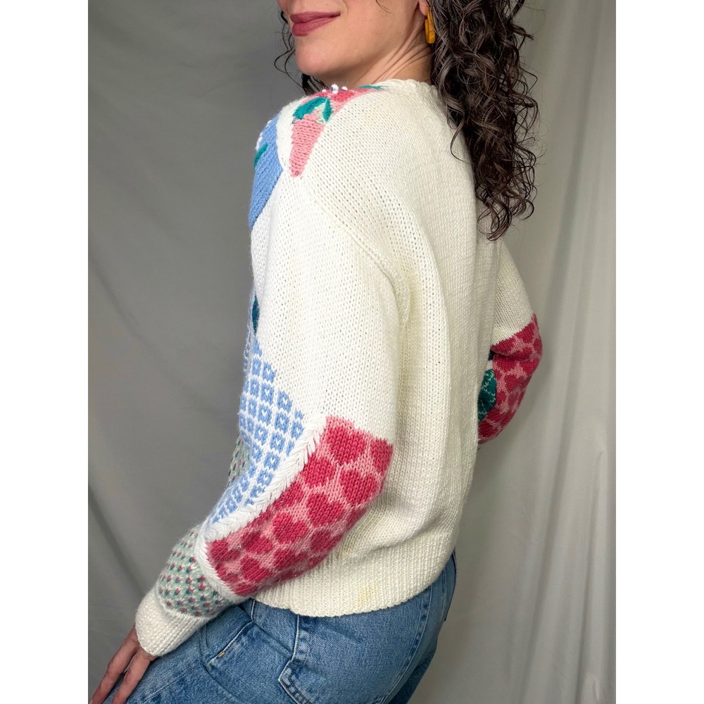Vintage Orvis Patchwork Cardigan Sweater Floral Heart Knit Ramie Cotton S - Picture 3 of 13